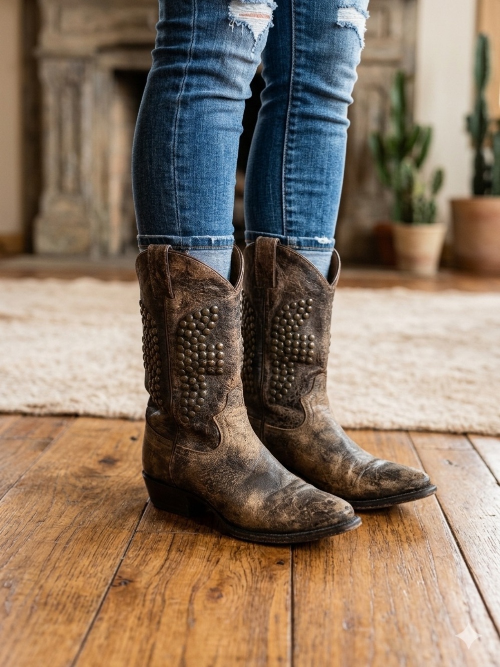 FRYE Billy Distressed Studded Brown Leather Cowboy Boots - Size 6B